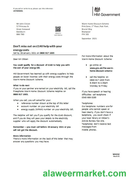 United Kingdom HM Government Warm Home Energy utility bill template in Word and PDF format